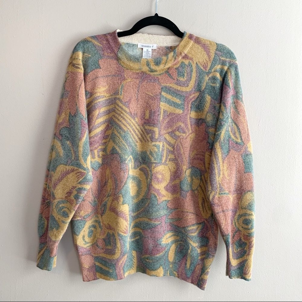 Susann D Vintage Lambswool Angora Rabbit Floral Gold Shimmer Sweater M